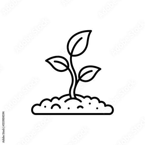 Black line icon of a plant sprouting from soil symbolizing agriculture and growth