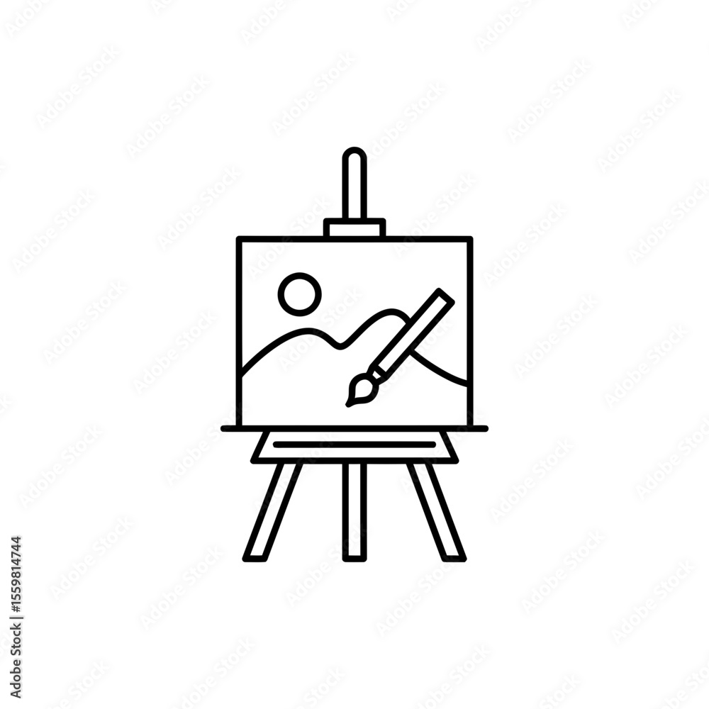 Black line icon of an artist’s easel representing painting and visual arts
