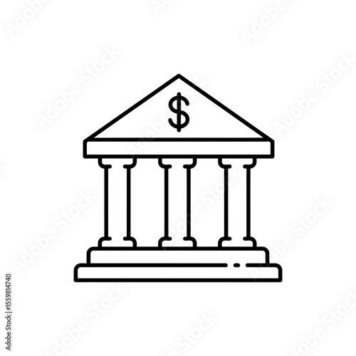 Black line icon of a bank building with dollar sign representing financial institutions