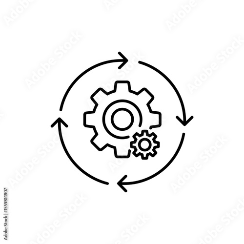 Black line icon of a gear with arrows around representing automation and system processes