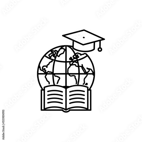 Black line icon of a globe with book representing global language learning