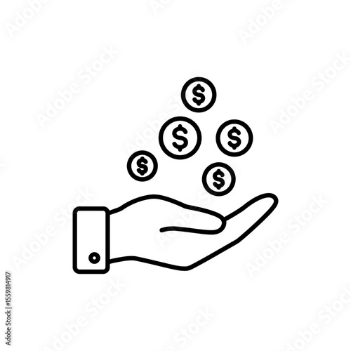 Black line icon of a hand with coins representing donations and charity contributions