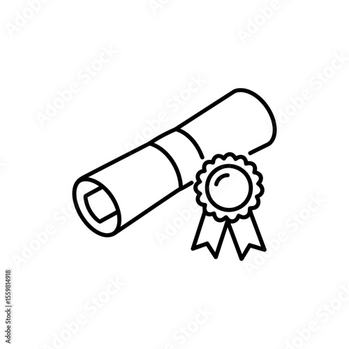Black line icon of a graduation scroll with ribbon representing certifications and achievements