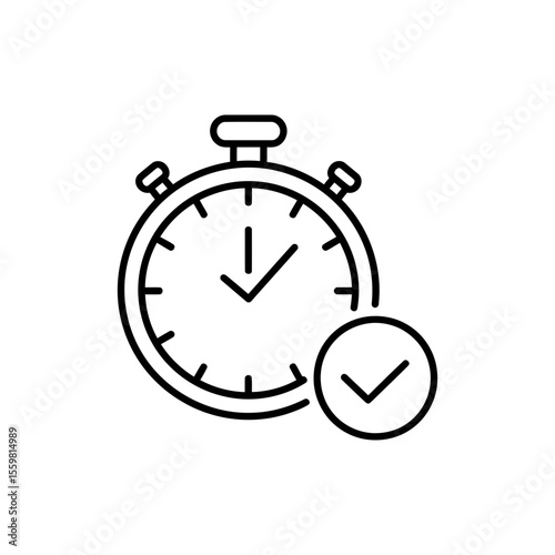 Black line icon of a stopwatch with check mark representing time management and task completion