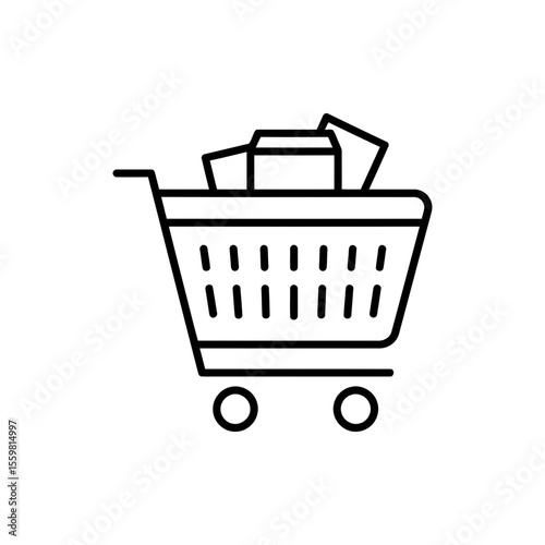Black line icon of a shopping cart with items representing retail and consumer goods