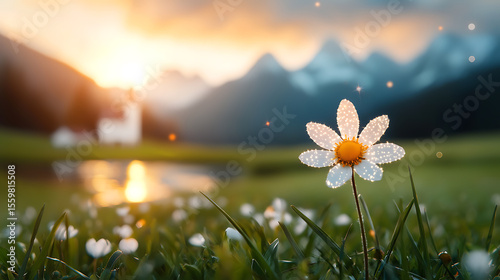 Sunset daisy blooming in serene mountain landscape nature photography tranquil environment close-up perspective