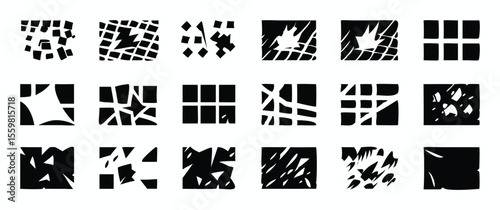 Vector art of a set of eighteen black and white vector illustrations of abstract textures and patterns, isolated on white background.