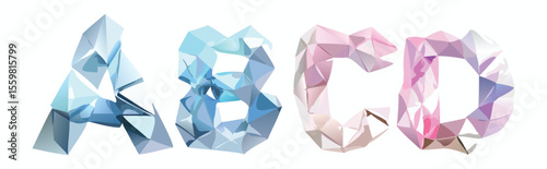 Vector art of letters a, b, c, and d are depicted as faceted crystal shapes in shades of blue, pink, and purple isolated on white background.