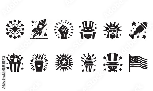 4th of JULY icon set for independence day silhouette vector illustration on white background 