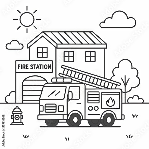Black and white illustration of a fire truck parked outside a fire station on a sunny day, ideal for educational coloring books.
