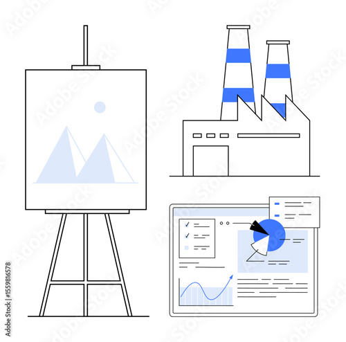 Factory building with chimneys, interactive analytics dashboard featuring graphs, and easel with a presentation board. Ideal for industry, technology, analytics, presentation, energy, innovation
