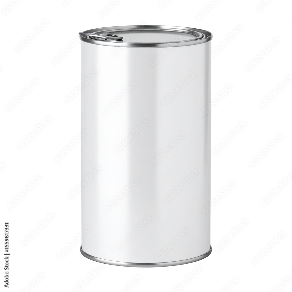 Blank metal food can, cylindrical shape, smooth white surface, silver lid Blank metal food can, cylindrical shape, smooth white surface, silver lid