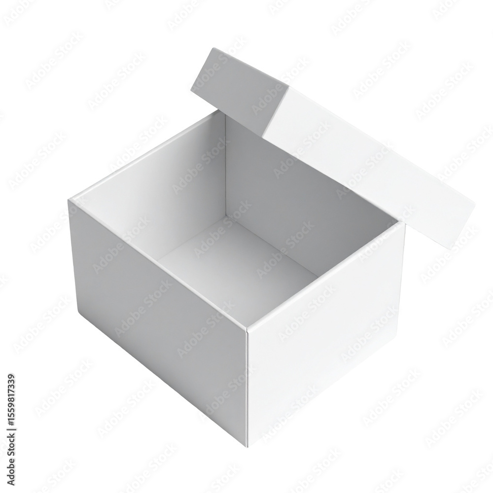 A white, open box, angled slightly, showing its empty interior A white, open box, angled slightly, showing its empty interior