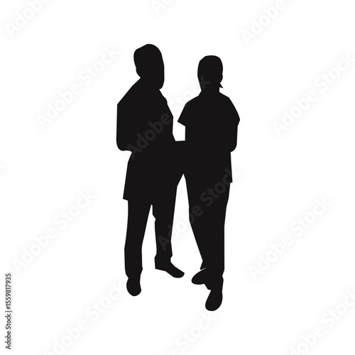 A simple, black silhouette of two figures standing in conversation.