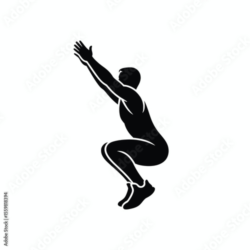 A minimalist black silhouette vector illustration of a male athlete in a low squat position arms raised preparing for a jump against a white background simple graphic design for fitness