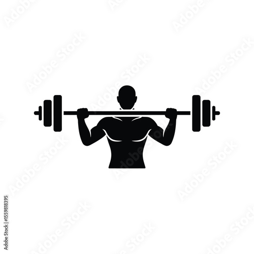 A minimalist black vector icon depicting a muscular male figure performing a barbell shoulder press exercise against a plain white background the figure is shown from the chest up with arms