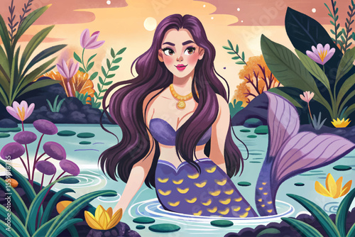 whimsical mermaid garden with floating aquatic plants, colorful seaweed, coral elements, and magical underwater ambiance perfect for fantasy-themed illustrations
