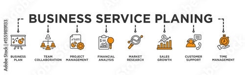 Business Service planing banner web icon illustration concept with icon of Business Plan, Team Collaboration, Project Management, Financial Analysis, Market Research, Sales Growth, Customer, time 