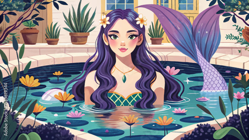 whimsical mermaid garden with floating aquatic plants, colorful seaweed, coral elements, and magical underwater ambiance perfect for fantasy-themed illustrations