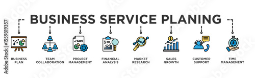 Business Service planing banner web icon illustration concept with icon of Business Plan, Team Collaboration, Project Management, Financial Analysis, Market Research, Sales Growth, Customer, time 