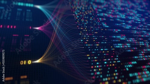 Neural Network Big Data Flow Visualization, Binary Code Matrix, AI Machine Learning Abstract Background, Quantum Computing, Cyber Security, Futuristic Technology Artificial Intelligence Digital Grid