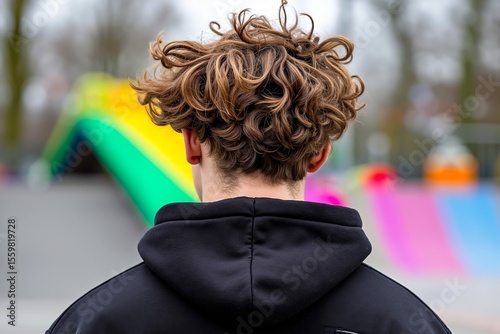 A man with curly hair standing in front of a rainbow colored slide