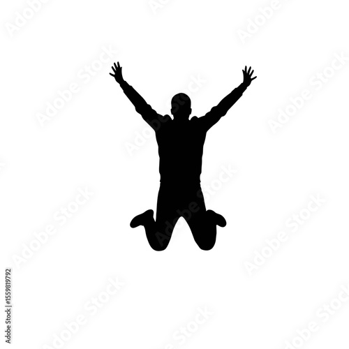 Silhouette of a person jumping with arms raised against white background  