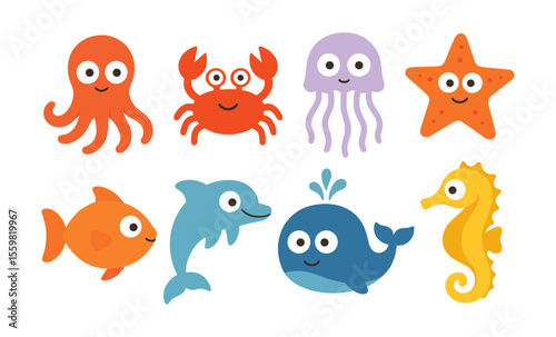 Cute cartoon sea creatures collection with octopus, crab, jellyfish, and more