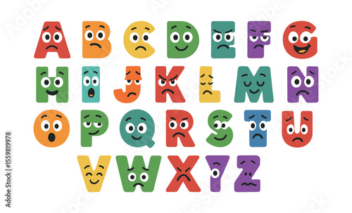Colorful alphabet with expressive faces showcasing different emotions