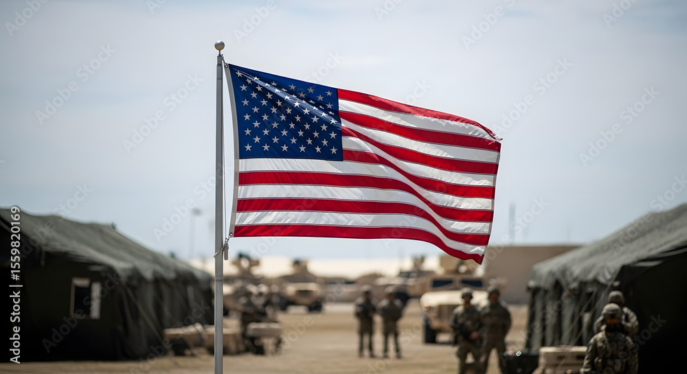Fototapeta premium Waving American Flag Over Military Base with Tent and Vehicle