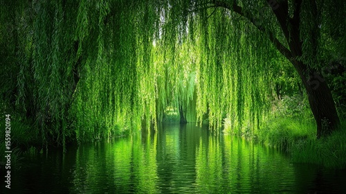 Tranquil river scene with lush verdant willow trees awakening and reflecting in the still calming waters of springtime  Peaceful soothing natural landscape with a sense of renewal and tranquility