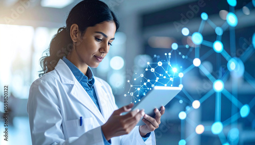 Scientist's Digital Insight: A dedicated scientist meticulously examines data on a tablet, surrounded by a futuristic digital representation of interconnected networks, symbolizing research.