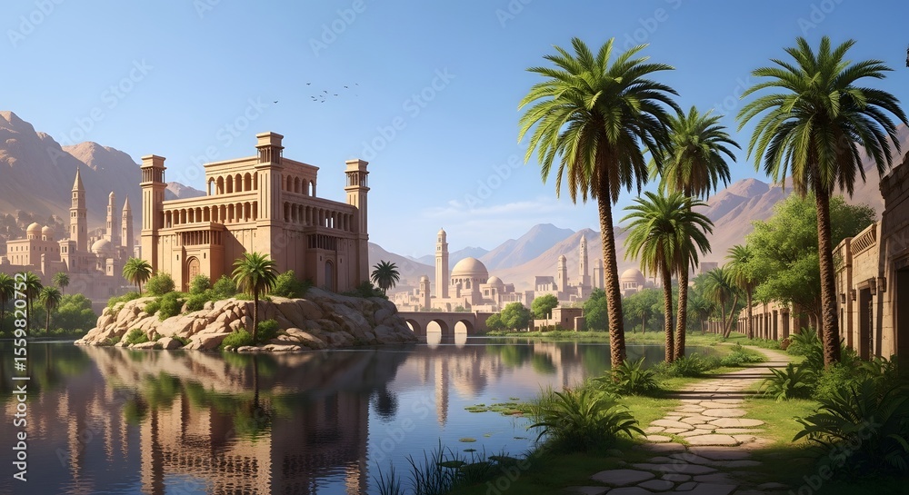 Fototapeta premium Oasis city landscape architecture palm trees mountains reflection water serene travel destination