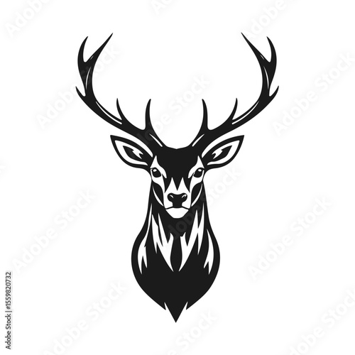 Deer head illustration, antler animal emblem, wild stag drawing, vintage deer logo, forest wildlife design