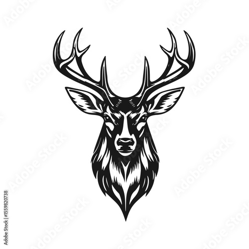 Deer head illustration, antler animal emblem, wild stag drawing, vintage deer logo, forest wildlife design