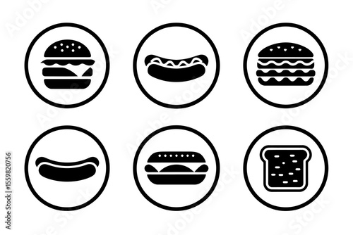 Collection of Fast Food Icons. Including Burger, Hot Dog, and Toast