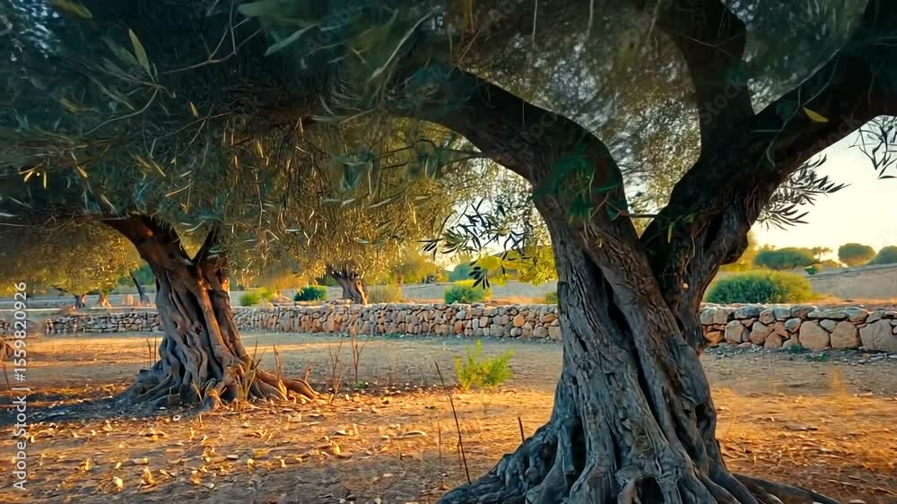 Ancient olive trees with twisted trunks in a sunlit rural landscape, showcasing nature's beauty