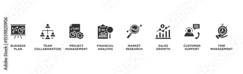 Business Service planing banner web icon illustration concept with icon of Business Plan, Team Collaboration, Project Management, Financial Analysis, Market Research, Sales Growth, Customer, time 