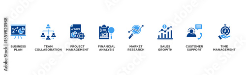 Business Service planing banner web icon illustration concept with icon of Business Plan, Team Collaboration, Project Management, Financial Analysis, Market Research, Sales Growth, Customer, time 