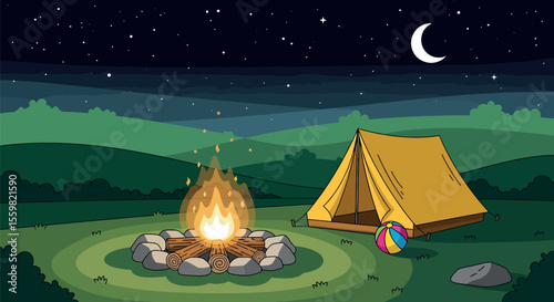 Outdoor camping night scene with tent and campfire in the hills under moonlight and starry sky. Vector Illustration