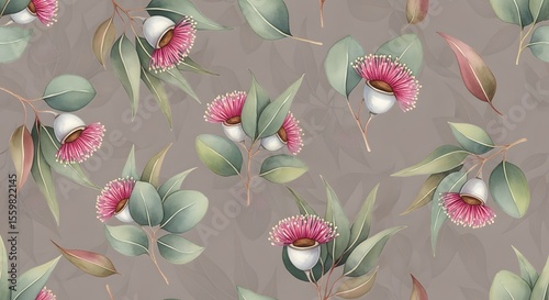 Watercolor eucalyptus flowers floral botanical illustration seamless pattern design art