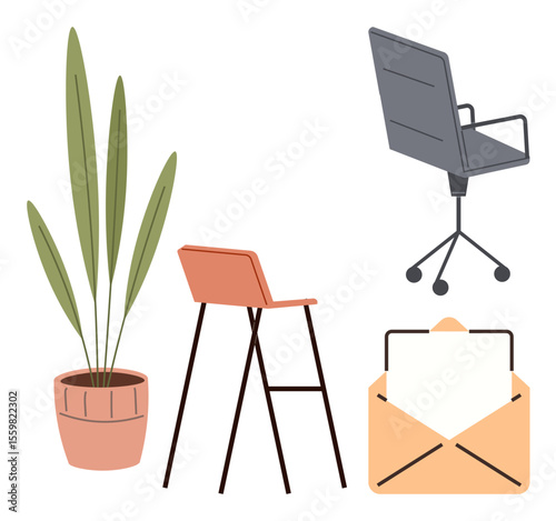 Office chair on wheels, modern high stool, decorative potted plant, and open envelope. Ideal for workspace setup, productivity, creativity, minimalism, communication home office organization