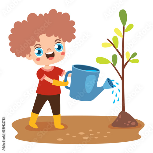 Cartoon Kid Gardening At Nature