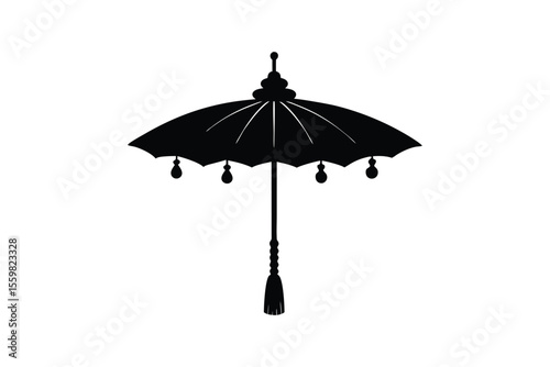 Silhouette art illustration of a Balinese ceremonial umbrella with hanging tassels.eps