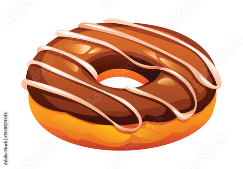 Delicious chocolate donut topped with elegant white icing stripes, a classic sweet treat for any occasion. Vector cartoon illustration