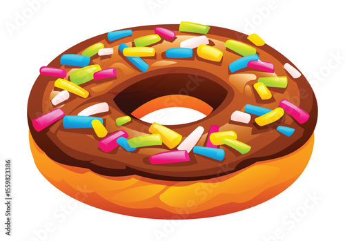 Festive chocolate frosted donut adorned with colorful sprinkles, a cheerful and delicious dessert. Vector cartoon illustration