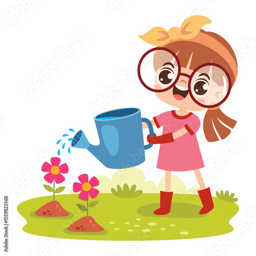 Cartoon Kid Gardening At Nature