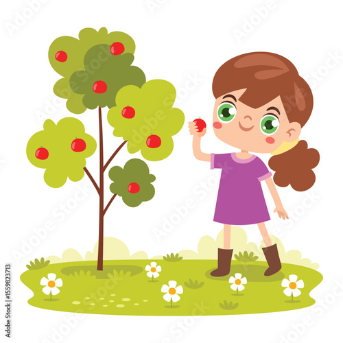 Cartoon Kid Gardening At Nature
