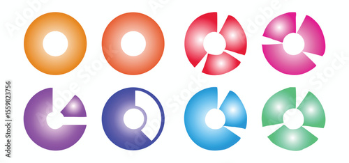 Vector art of collection of colorful pie charts isolated on white background.