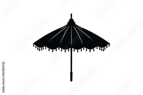 Silhouette art illustration of a royal Ethiopian umbrella with layered fabric and fringe.eps